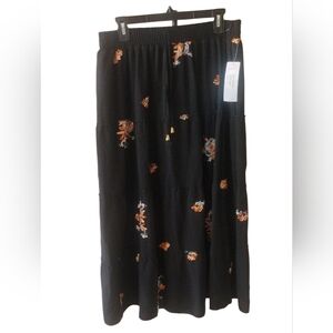 Ana Rose Black W Floral Embroidery Tiered Long Maxi Boho Skirt SZ L NWT